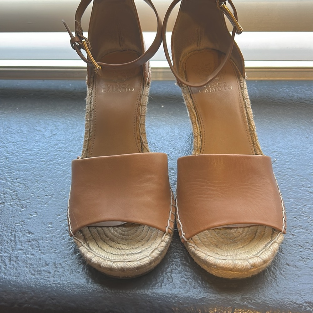 Wedge sandals, leather top, light brown/tan color; size 9 - Picture 2 of 5